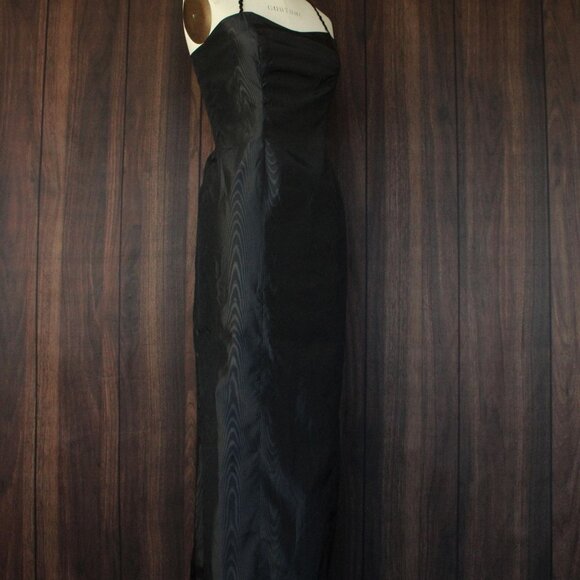 Vintage 1960s Dress, Black Taffeta Maxidress, Long Wiggle Moire, Sequin Trim - Picture 6 of 10